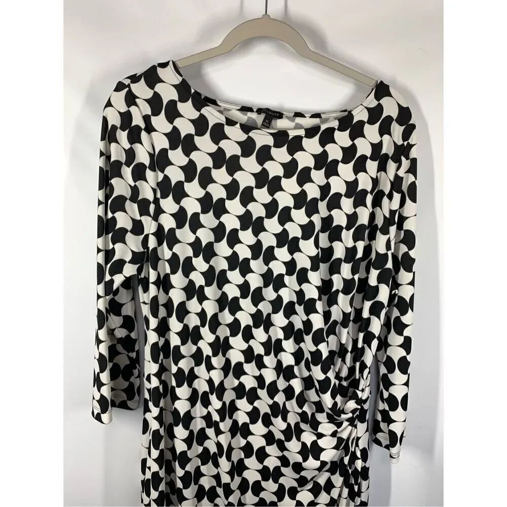 Talbots Dress Black White Geometric Ruched Side Stretch Sheath Wrap Size XL